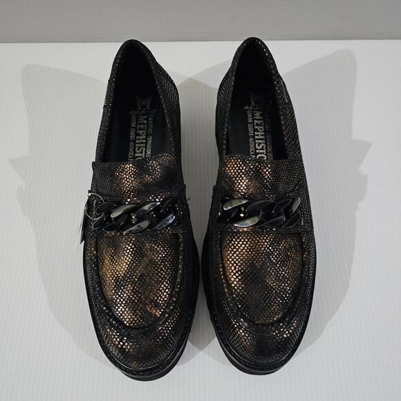 NEW Mephisto Salka Loafer 6.5 Gold Snake Print Leather Chunky Lug Sole Slip On - Picture 4 of 13